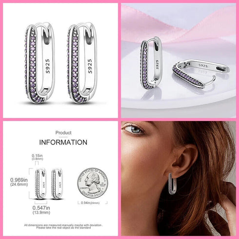 Exquisite Micro Pave Purple Sterling Silver U-Shape Cubic Zirconia Hoop Earrings